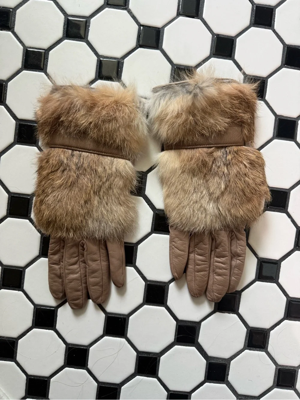 Vintage Rabbit fur leather gloves size 7 100% cashmere lining Made in Italy